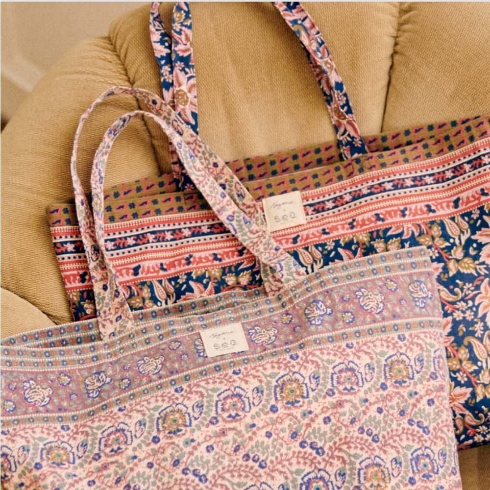 Sézane X Sea NY *Set* Totebags Emilia Print AND Flowers Navy Background NWOT